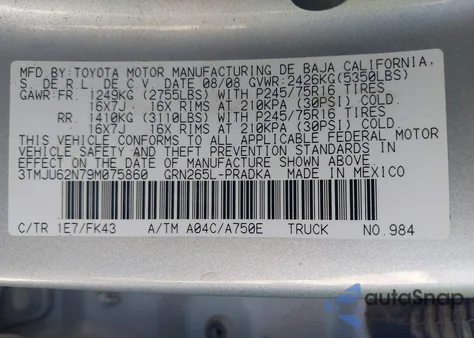 2009 Toyota Tacoma Prerunner V6 from USA, damaged, VIN 3TMJU62N79M075860